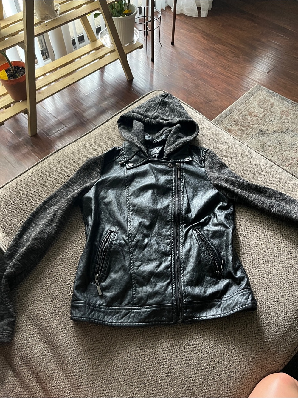 Black Faux Leather Hooded Jacket with Knit Sleeves